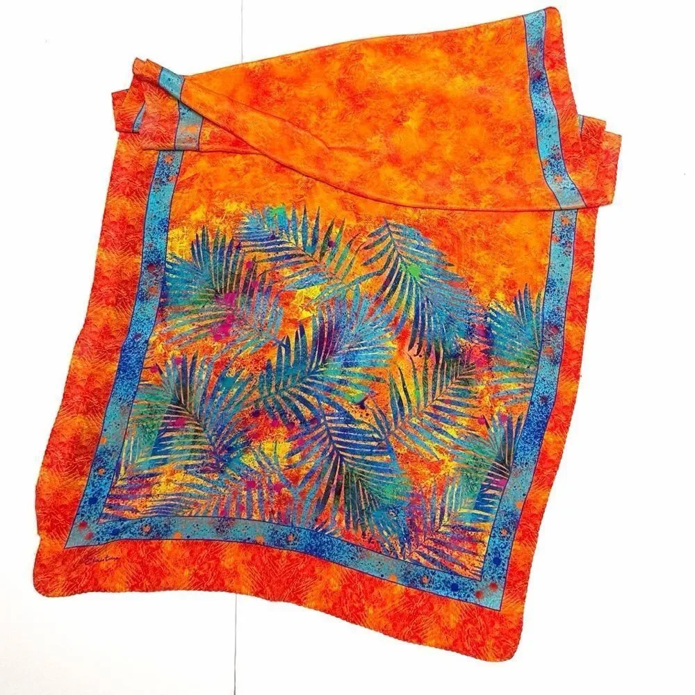 Christina Large Silk Oblong Scarf Wrap Orange Blue Tropical Print 20,5x74